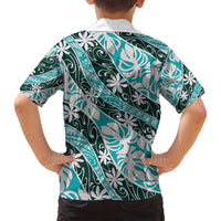 Cyan Tahiti Tiare Monstera Family Matching Long Sleeve Bodycon Dress and Hawaiian Shirt Polynesian Pattern Curve Style - Polynesian Pride