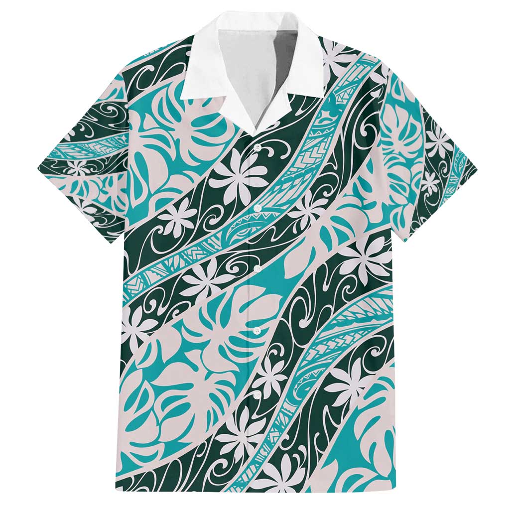 Cyan Tahiti Tiare Monstera Family Matching Long Sleeve Bodycon Dress and Hawaiian Shirt Polynesian Pattern Curve Style - Polynesian Pride