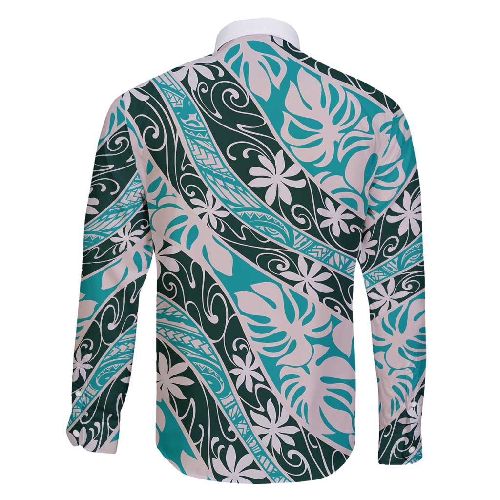 Cyan Tahiti Tiare Monstera Family Matching Long Sleeve Bodycon Dress and Hawaiian Shirt Polynesian Pattern Curve Style - Polynesian Pride