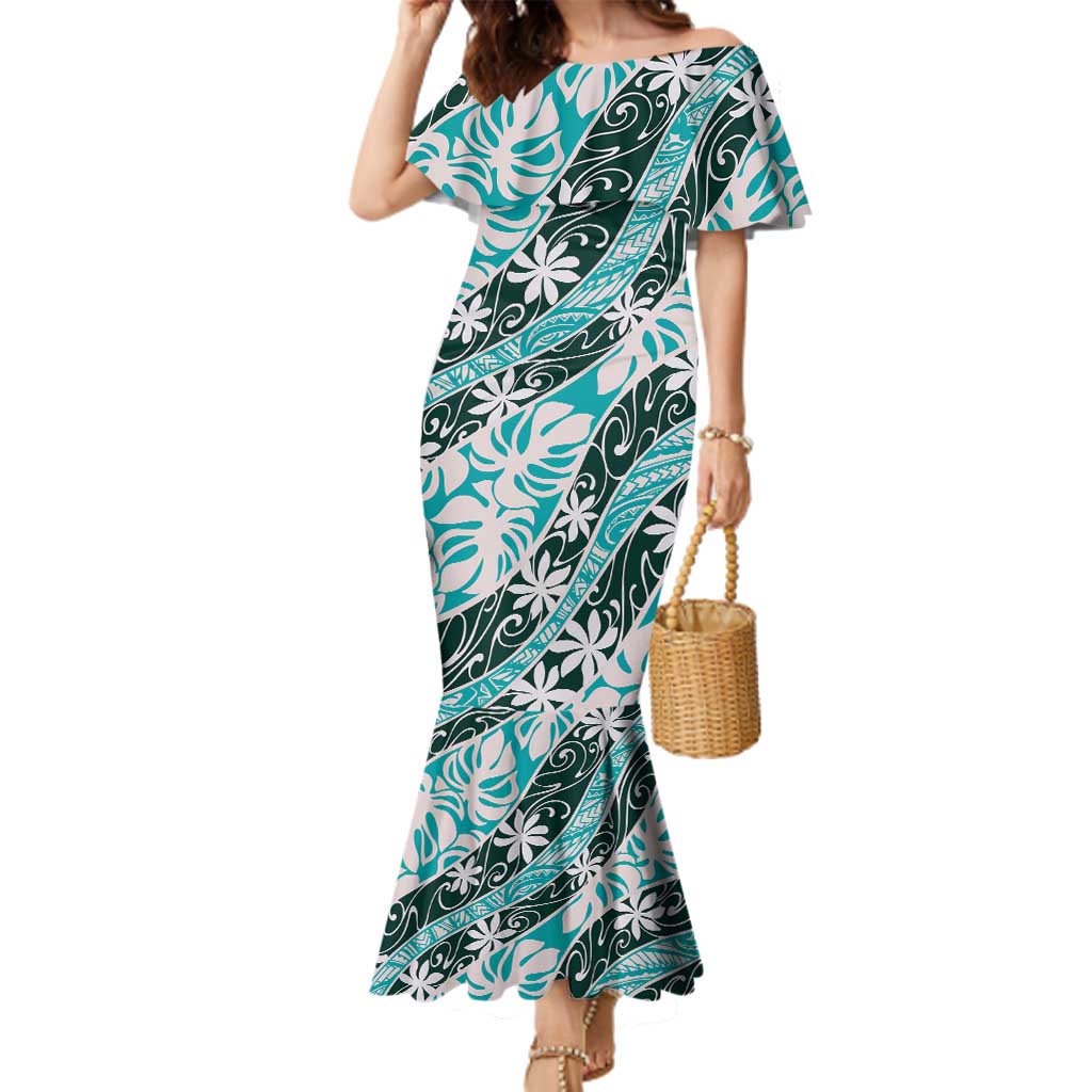 Cyan Tahiti Tiare Monstera Family Matching Mermaid Dress and Hawaiian Shirt Polynesian Pattern Curve Style - Polynesian Pride