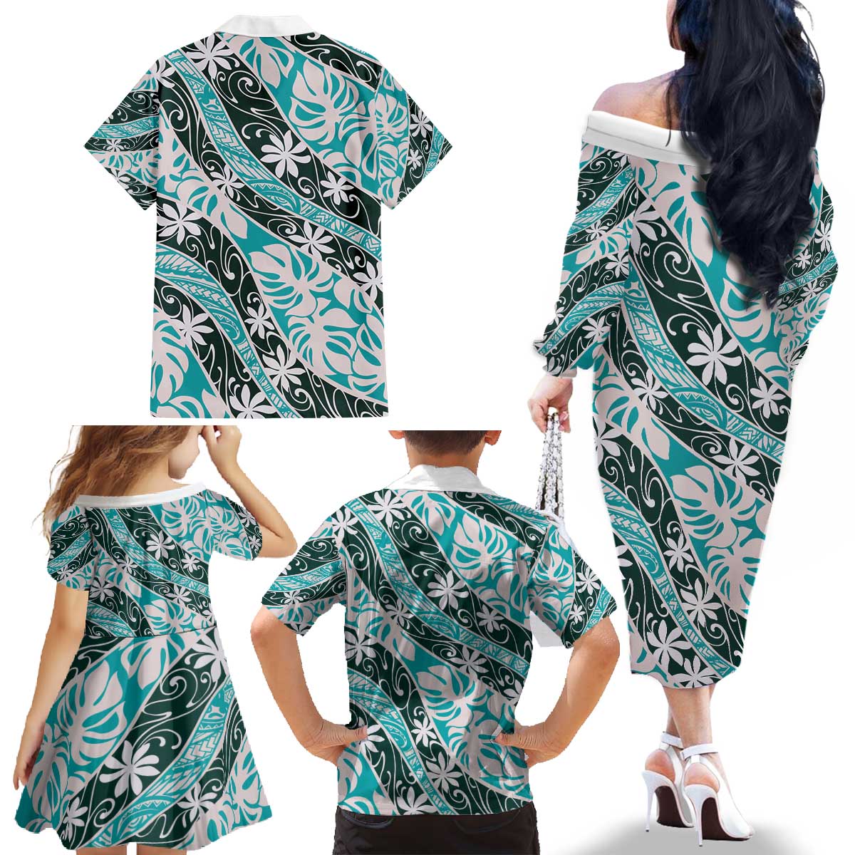 Cyan Tahiti Tiare Monstera Family Matching Off The Shoulder Long Sleeve Dress and Hawaiian Shirt Polynesian Pattern Curve Style - Polynesian Pride