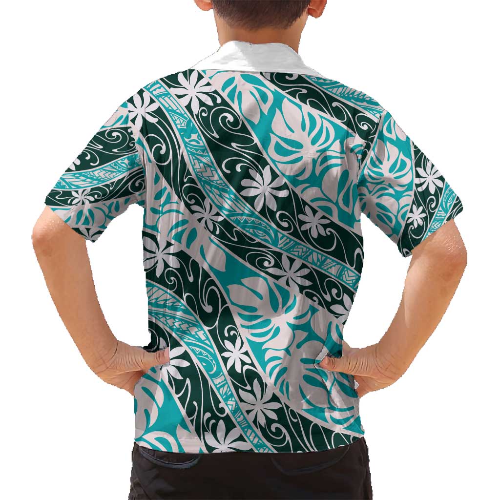 Cyan Tahiti Tiare Monstera Family Matching Off Shoulder Short Dress and Hawaiian Shirt Polynesian Pattern Curve Style - Polynesian Pride