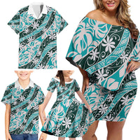 Cyan Tahiti Tiare Monstera Family Matching Off Shoulder Short Dress and Hawaiian Shirt Polynesian Pattern Curve Style - Polynesian Pride