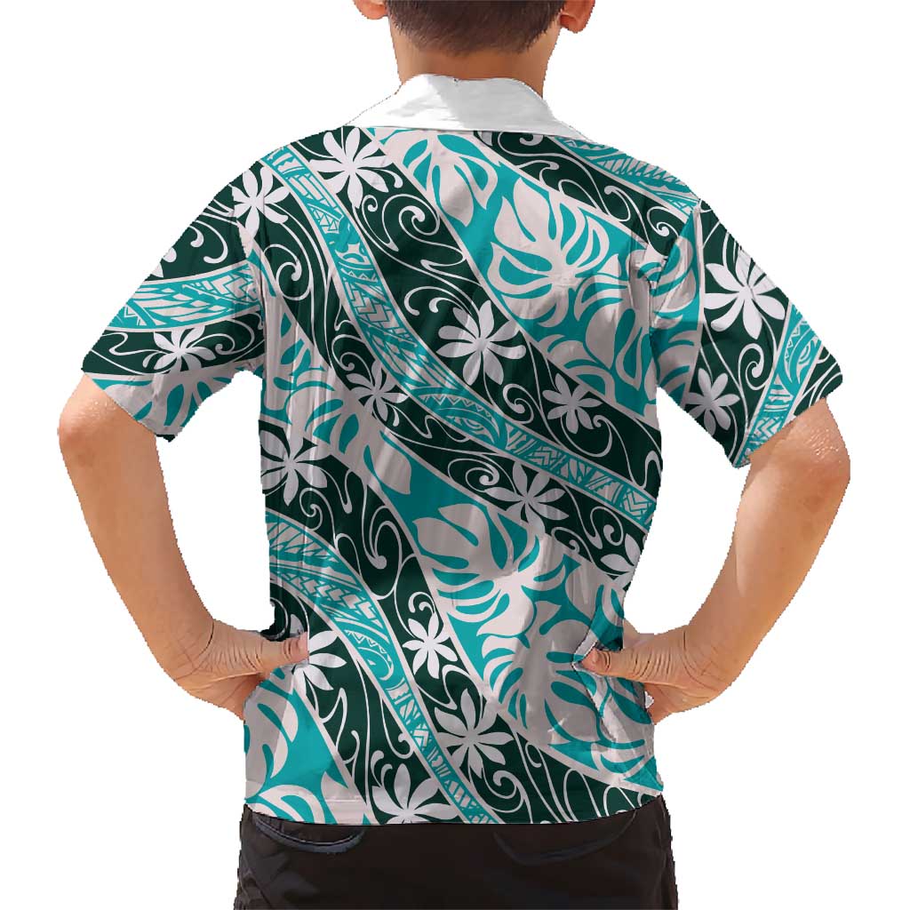 Cyan Tahiti Tiare Monstera Family Matching Puletasi and Hawaiian Shirt Polynesian Pattern Curve Style LT01 - Polynesian Pride