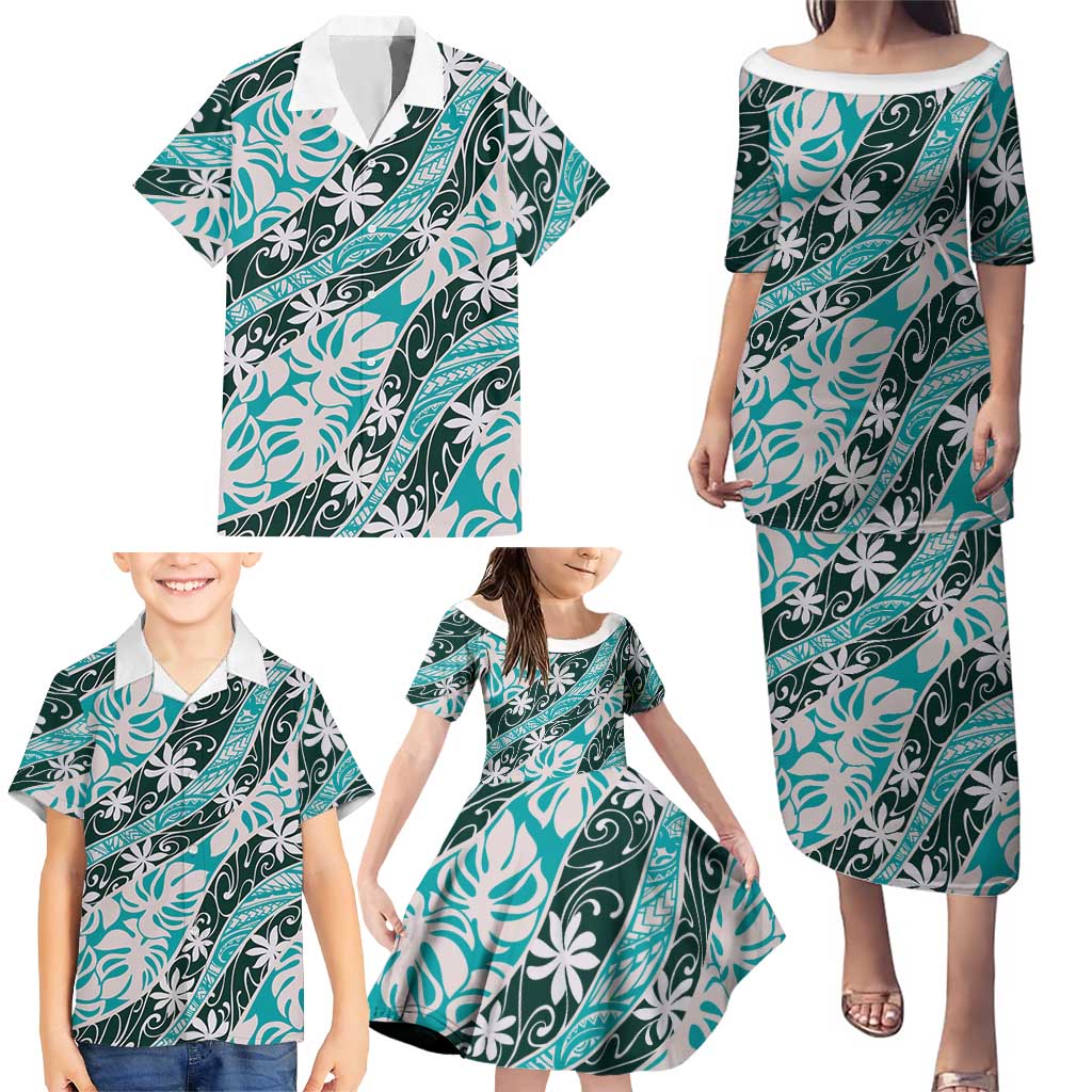 Cyan Tahiti Tiare Monstera Family Matching Puletasi and Hawaiian Shirt Polynesian Pattern Curve Style LT01 - Polynesian Pride
