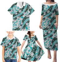 Cyan Tahiti Tiare Monstera Family Matching Puletasi and Hawaiian Shirt Polynesian Pattern Curve Style LT01 - Polynesian Pride
