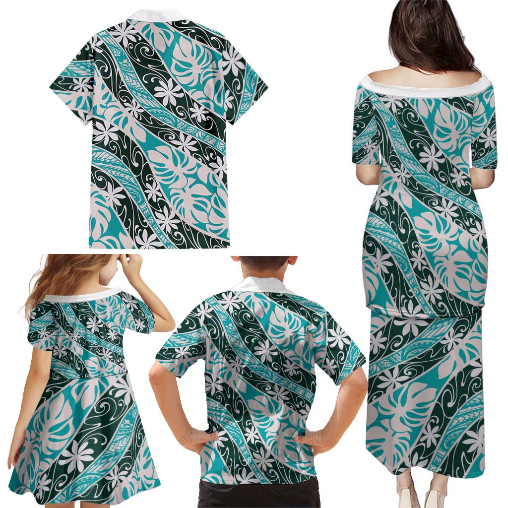 Cyan Tahiti Tiare Monstera Family Matching Puletasi and Hawaiian Shirt Polynesian Pattern Curve Style LT01 - Polynesian Pride