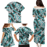 Cyan Tahiti Tiare Monstera Family Matching Puletasi and Hawaiian Shirt Polynesian Pattern Curve Style LT01 - Polynesian Pride