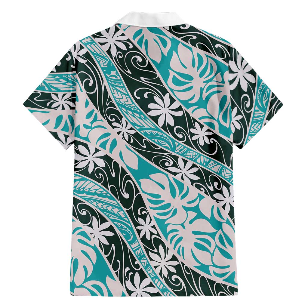 Cyan Tahiti Tiare Monstera Family Matching Puletasi and Hawaiian Shirt Polynesian Pattern Curve Style LT01 - Polynesian Pride
