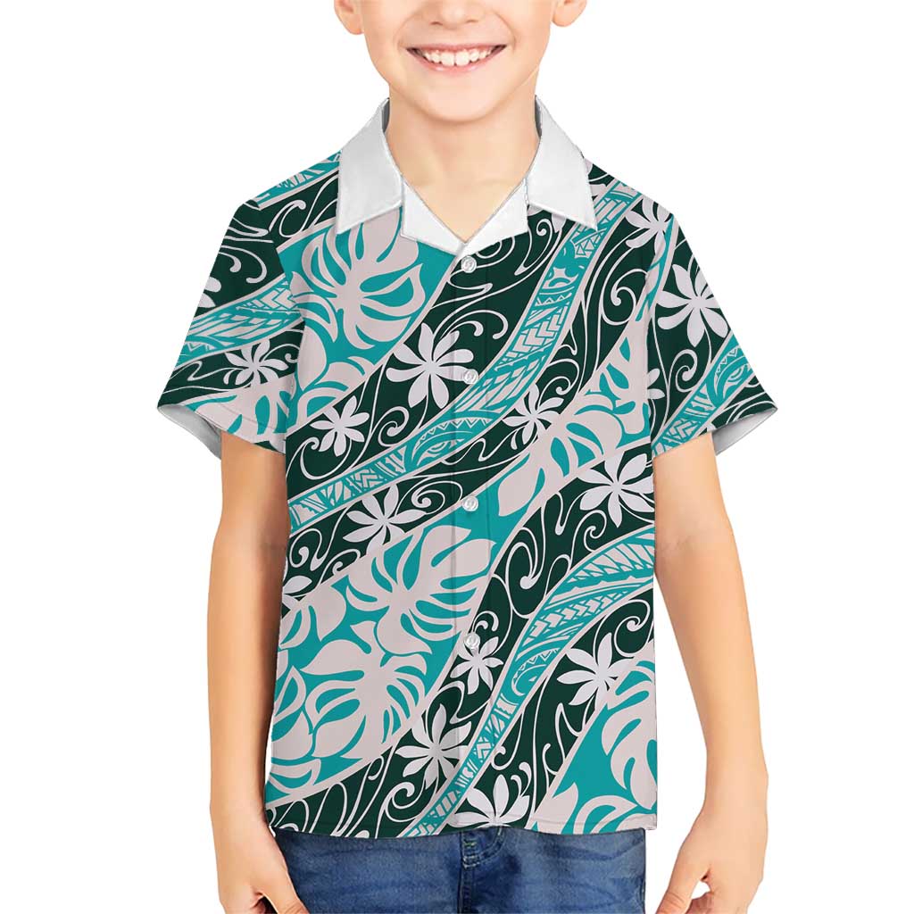 Cyan Tahiti Tiare Monstera Family Matching Puletasi and Hawaiian Shirt Polynesian Pattern Curve Style LT01 Son's Shirt Cyan - Polynesian Pride