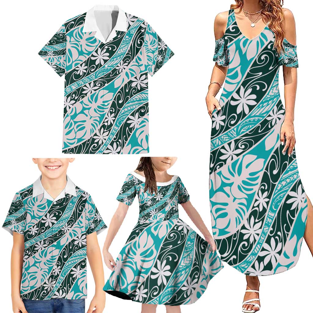 Cyan Tahiti Tiare Monstera Family Matching Summer Maxi Dress and Hawaiian Shirt Polynesian Pattern Curve Style - Polynesian Pride