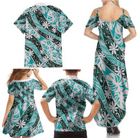 Cyan Tahiti Tiare Monstera Family Matching Summer Maxi Dress and Hawaiian Shirt Polynesian Pattern Curve Style - Polynesian Pride