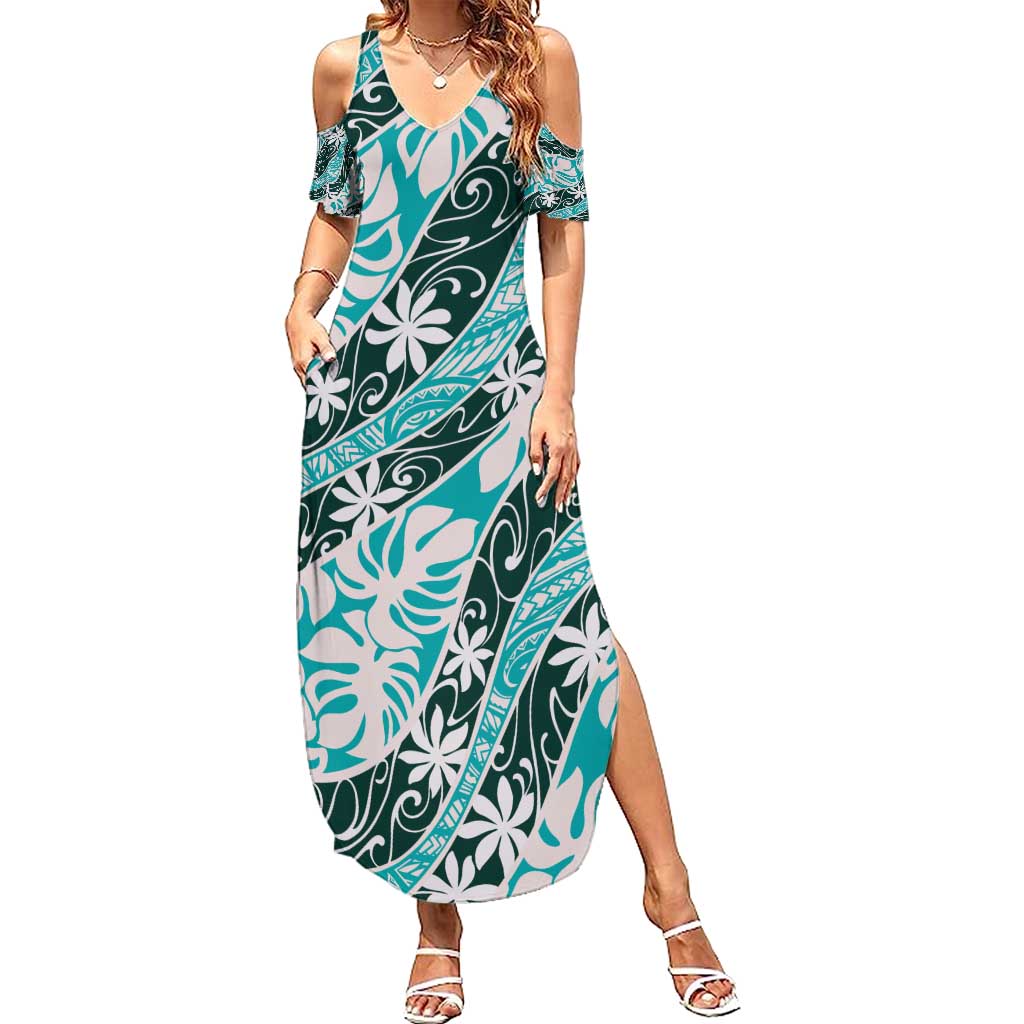 Cyan Tahiti Tiare Monstera Family Matching Summer Maxi Dress and Hawaiian Shirt Polynesian Pattern Curve Style - Polynesian Pride