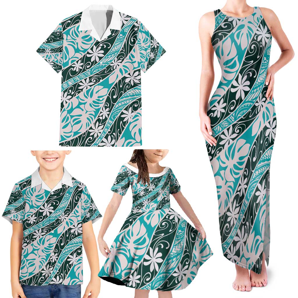 Cyan Tahiti Tiare Monstera Family Matching Tank Maxi Dress and Hawaiian Shirt Polynesian Pattern Curve Style - Polynesian Pride