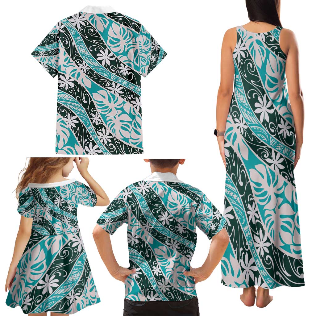 Cyan Tahiti Tiare Monstera Family Matching Tank Maxi Dress and Hawaiian Shirt Polynesian Pattern Curve Style - Polynesian Pride