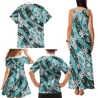 Cyan Tahiti Tiare Monstera Family Matching Tank Maxi Dress and Hawaiian Shirt Polynesian Pattern Curve Style - Polynesian Pride