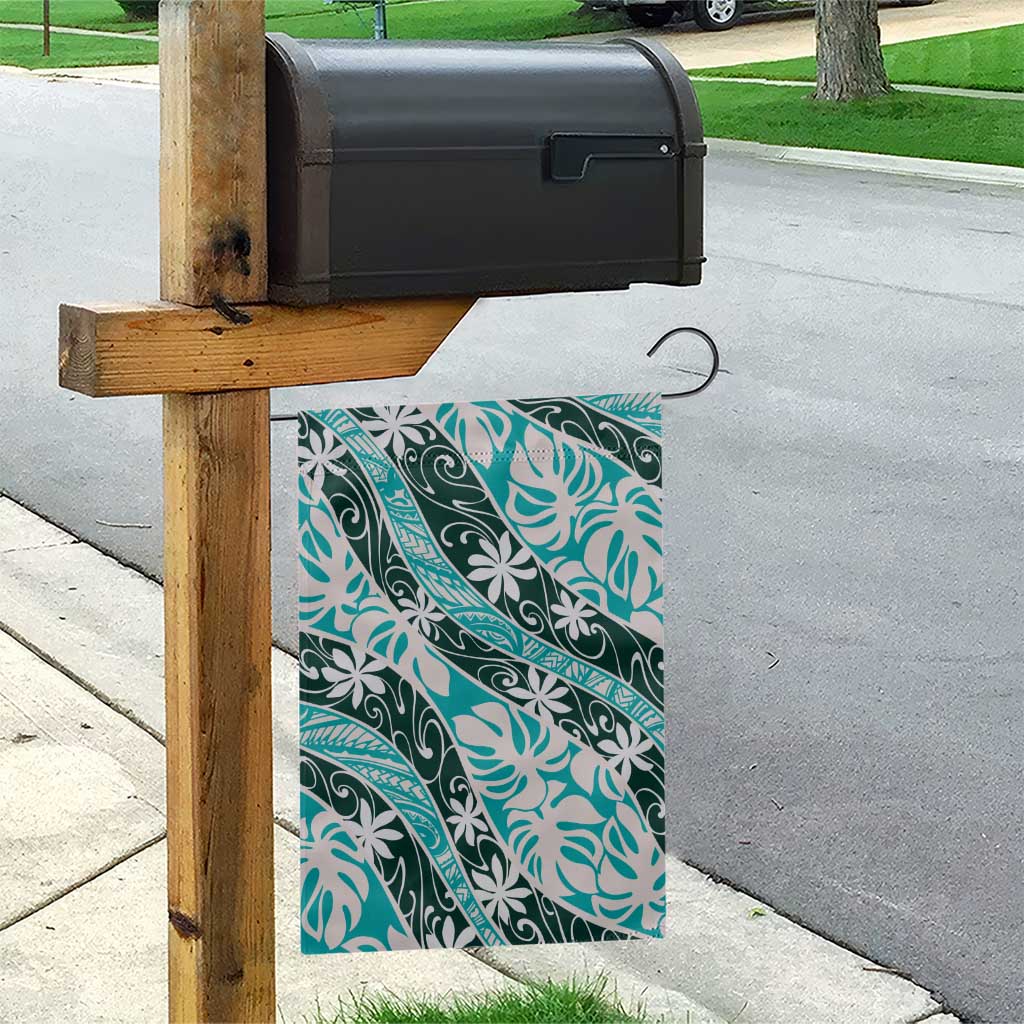 Cyan Tahiti Tiare Monstera Garden Flag Polynesian Pattern Curve Style - Polynesian Pride