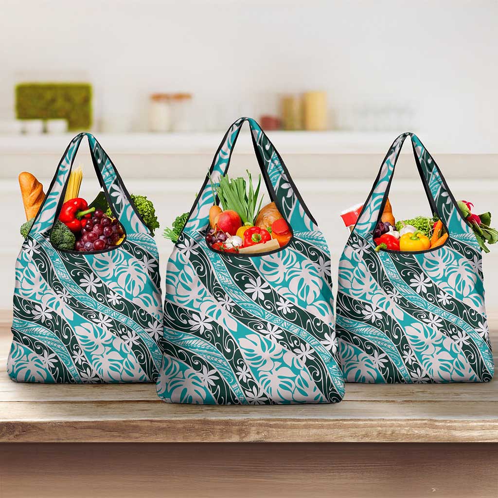 Cyan Tahiti Tiare Monstera Grocery Bag Polynesian Pattern Curve Style - Polynesian Pride