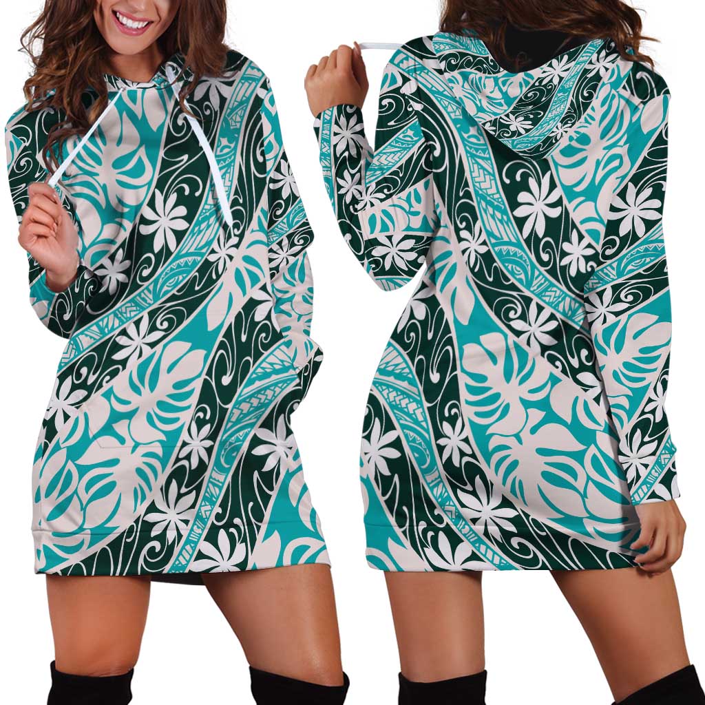 Cyan Tahiti Tiare Monstera Hoodie Dress Polynesian Pattern Curve Style - Polynesian Pride