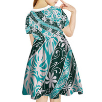 Cyan Tahiti Tiare Monstera Kid Short Sleeve Dress Polynesian Pattern Curve Style - Polynesian Pride