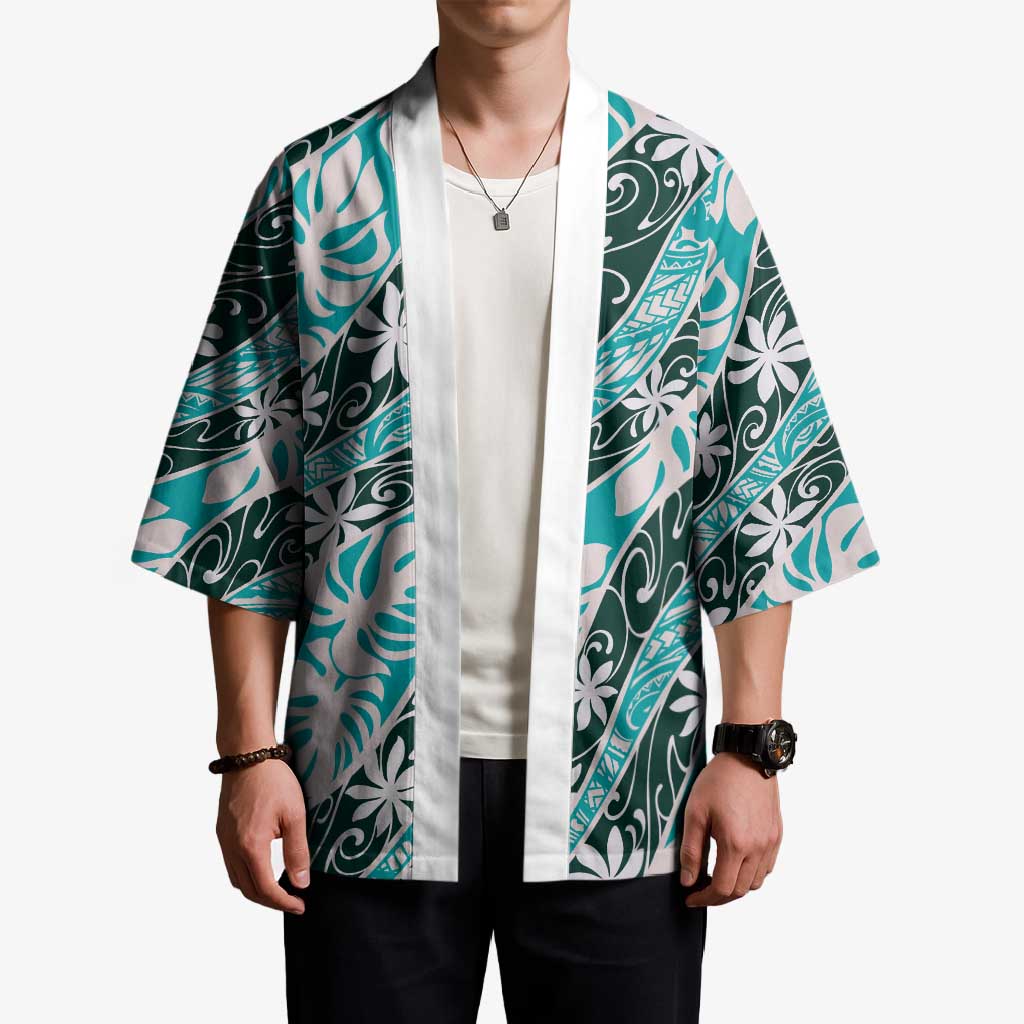 Cyan Tahiti Tiare Monstera Kimono Polynesian Pattern Curve Style - Polynesian Pride