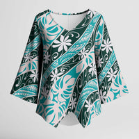 Cyan Tahiti Tiare Monstera Kimono Sleeve Blouse Polynesian Pattern Curve Style - Polynesian Pride