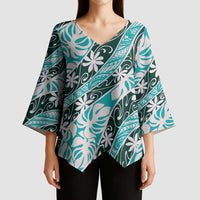 Cyan Tahiti Tiare Monstera Kimono Sleeve Blouse Polynesian Pattern Curve Style - Polynesian Pride