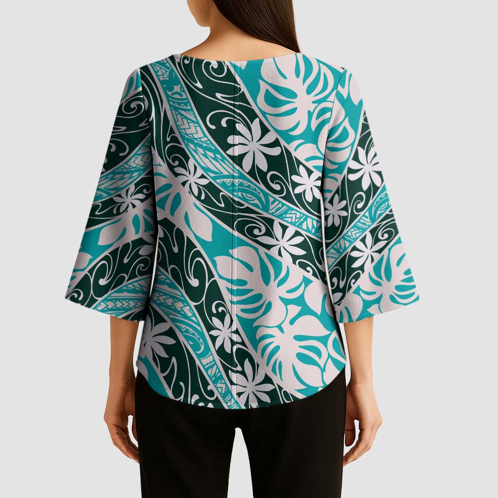 Cyan Tahiti Tiare Monstera Kimono Sleeve Blouse Polynesian Pattern Curve Style - Polynesian Pride