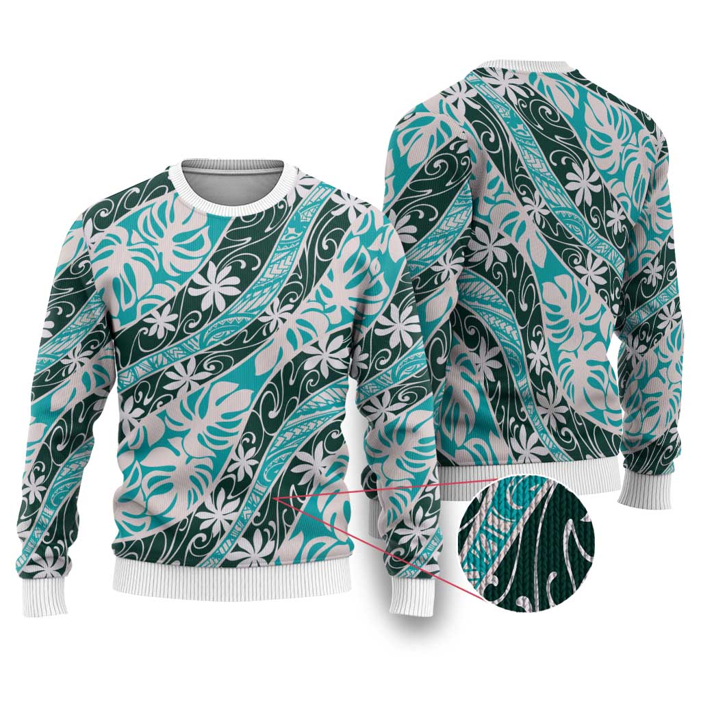 Cyan Tahiti Tiare Monstera Ugly Christmas Sweater Polynesian Pattern Curve Style - Polynesian Pride