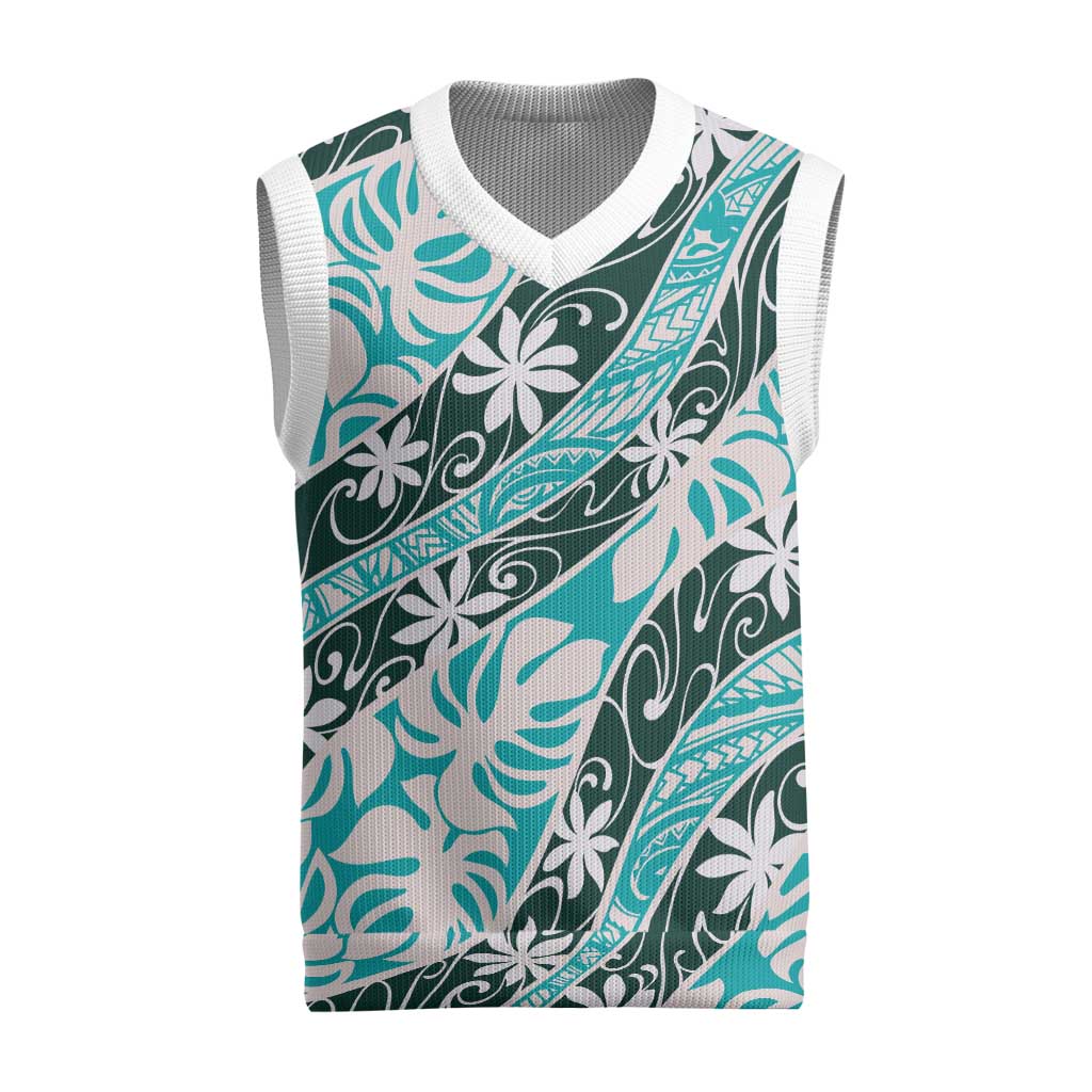 Cyan Tahiti Tiare Monstera Christmas Knitted V-Neck Vest Polynesian Pattern Curve Style LT01 Cyan - Polynesian Pride