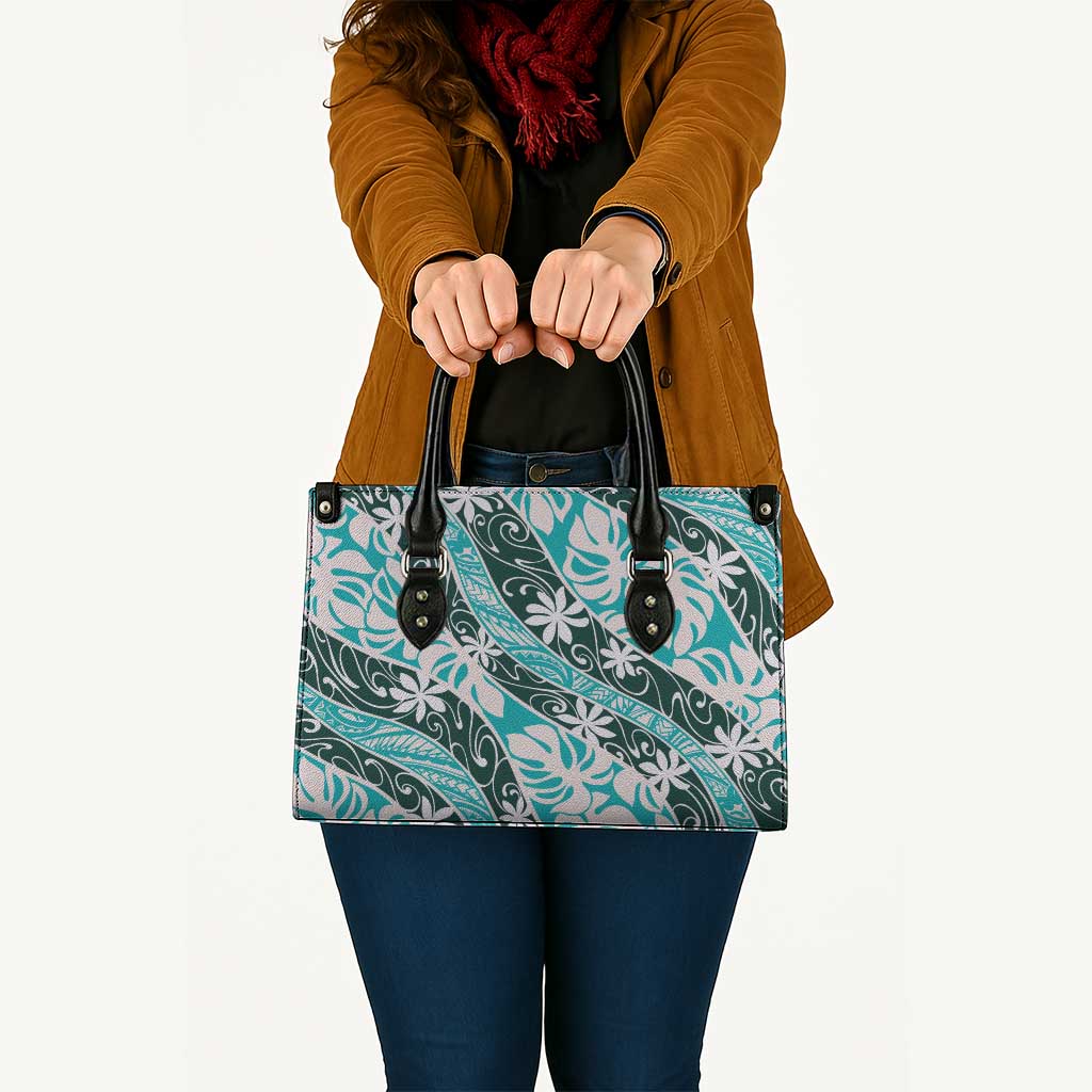 Cyan Tahiti Tiare Monstera Leather Bag Polynesian Pattern Curve Style - Polynesian Pride
