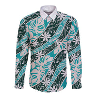 Cyan Tahiti Tiare Monstera Long Sleeve Button Shirt Polynesian Pattern Curve Style - Polynesian Pride