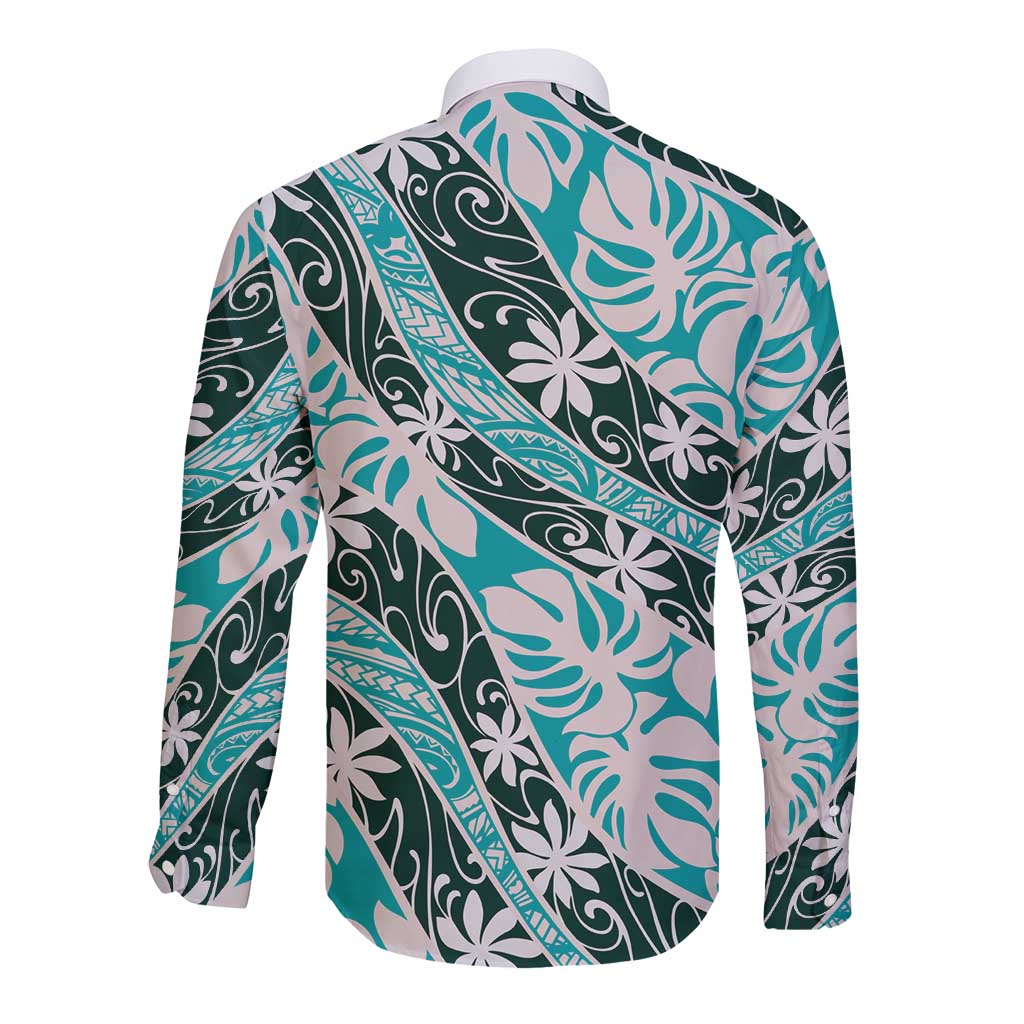 Cyan Tahiti Tiare Monstera Long Sleeve Button Shirt Polynesian Pattern Curve Style - Polynesian Pride