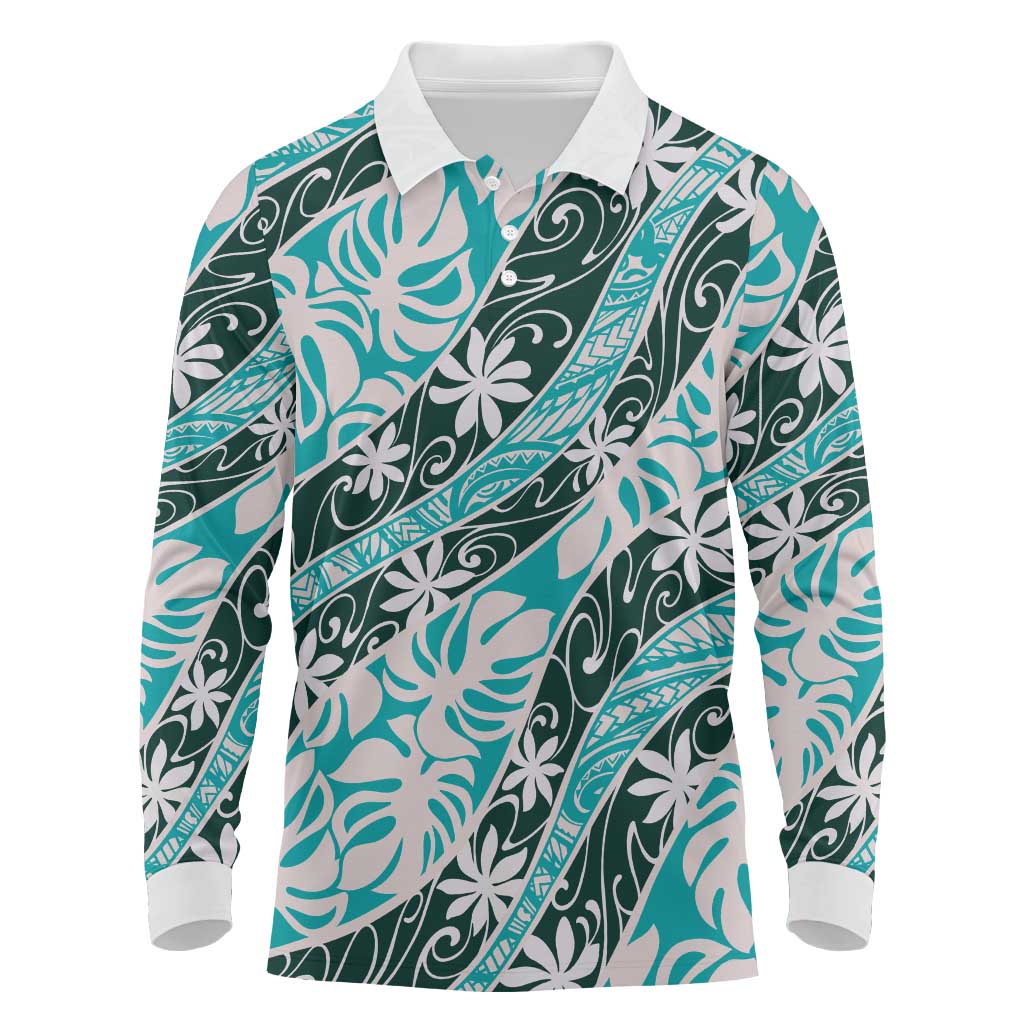 Cyan Tahiti Tiare Monstera Long Sleeve Polo Shirt Polynesian Pattern Curve Style LT01 Cyan - Polynesian Pride