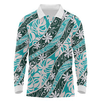 Cyan Tahiti Tiare Monstera Long Sleeve Polo Shirt Polynesian Pattern Curve Style LT01 Cyan - Polynesian Pride