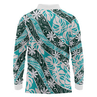 Cyan Tahiti Tiare Monstera Long Sleeve Polo Shirt Polynesian Pattern Curve Style LT01 - Polynesian Pride
