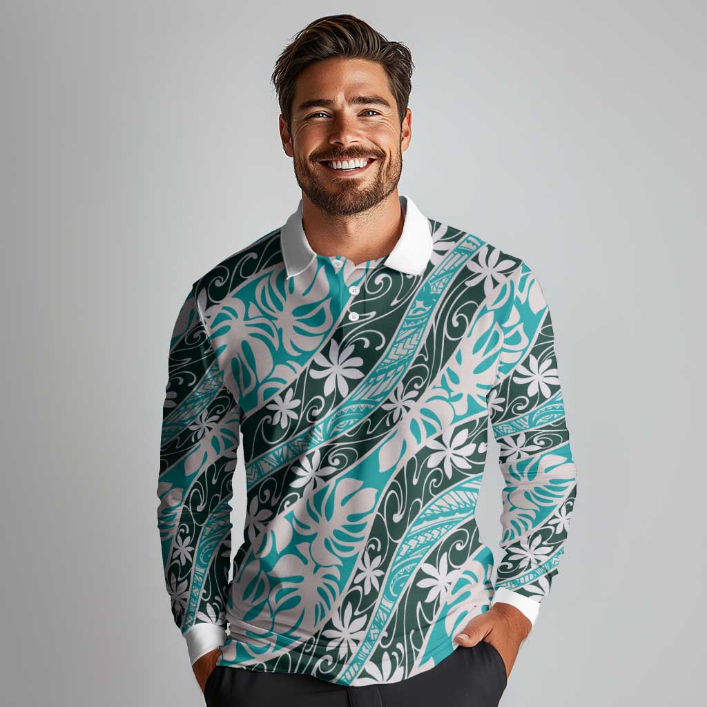 Cyan Tahiti Tiare Monstera Long Sleeve Polo Shirt Polynesian Pattern Curve Style LT01 - Polynesian Pride