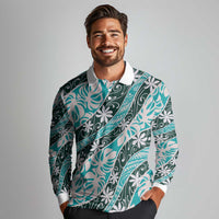 Cyan Tahiti Tiare Monstera Long Sleeve Polo Shirt Polynesian Pattern Curve Style LT01 - Polynesian Pride