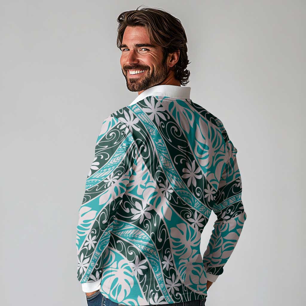 Cyan Tahiti Tiare Monstera Long Sleeve Polo Shirt Polynesian Pattern Curve Style LT01 - Polynesian Pride