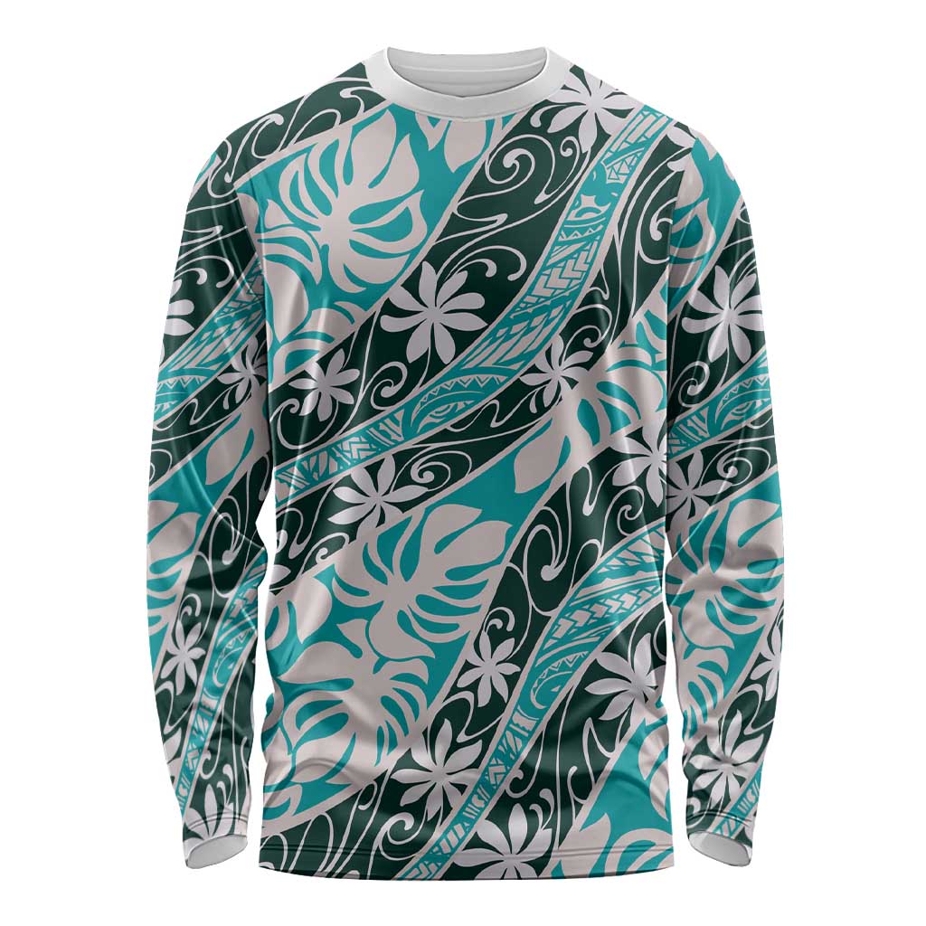 Cyan Tahiti Tiare Monstera Long Sleeve Shirt Polynesian Pattern Curve Style LT01 Unisex Cyan - Polynesian Pride