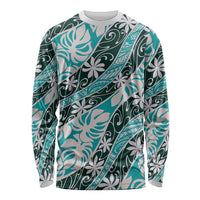 Cyan Tahiti Tiare Monstera Long Sleeve Shirt Polynesian Pattern Curve Style LT01 Unisex Cyan - Polynesian Pride