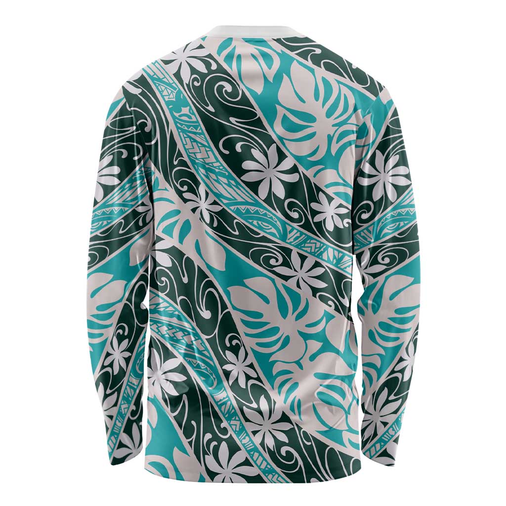 Cyan Tahiti Tiare Monstera Long Sleeve Shirt Polynesian Pattern Curve Style LT01 - Polynesian Pride