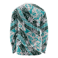 Cyan Tahiti Tiare Monstera Long Sleeve Shirt Polynesian Pattern Curve Style LT01 - Polynesian Pride