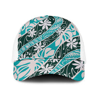 Cyan Tahiti Tiare Monstera Mesh Trucker Cap Polynesian Pattern Curve Style - Polynesian Pride