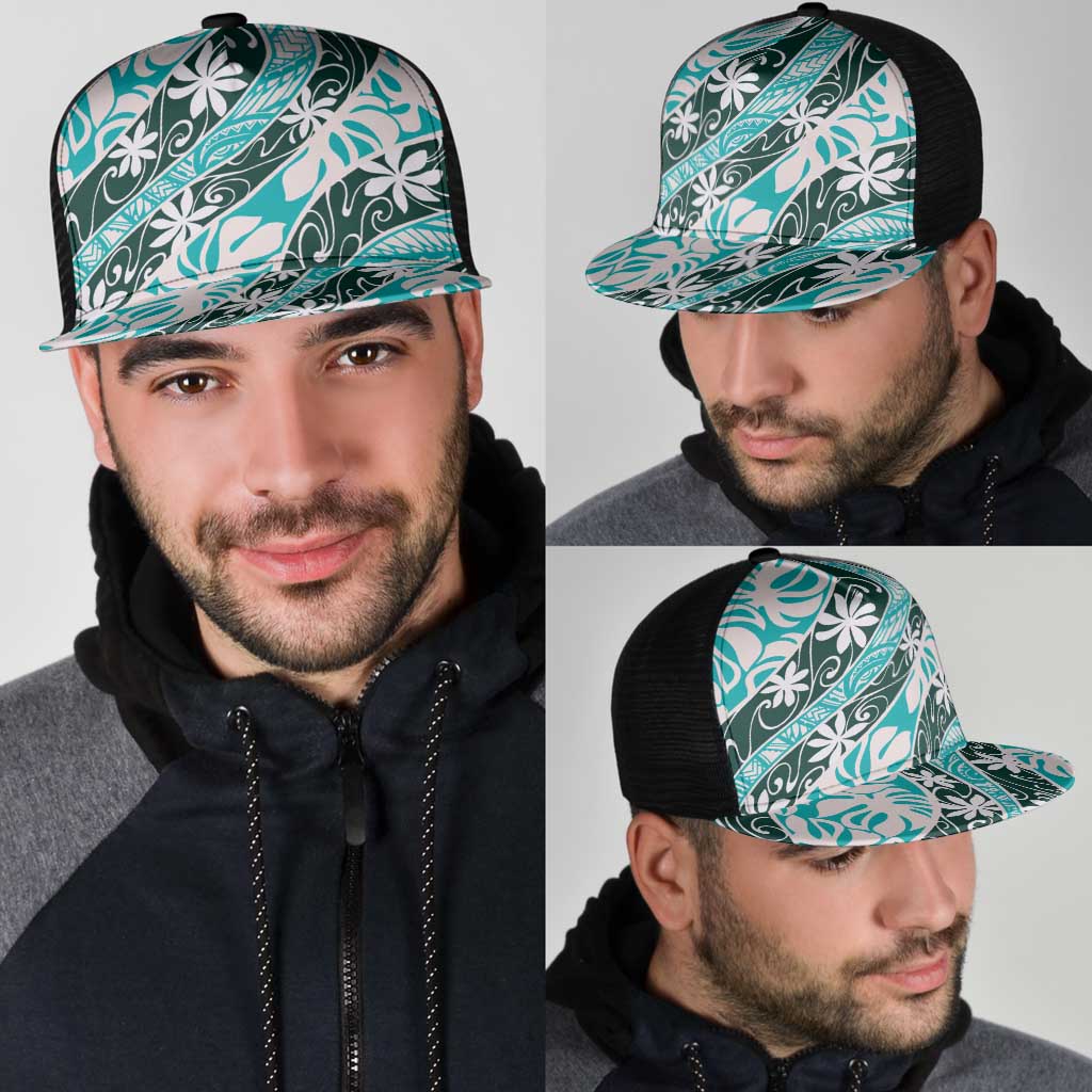 Cyan Tahiti Tiare Monstera Mesh Trucker Cap Polynesian Pattern Curve Style - Polynesian Pride