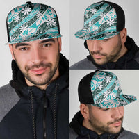 Cyan Tahiti Tiare Monstera Mesh Trucker Cap Polynesian Pattern Curve Style - Polynesian Pride