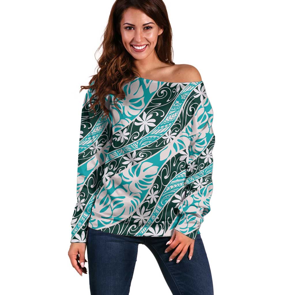 Cyan Tahiti Tiare Monstera Off Shoulder Sweater Polynesian Pattern Curve Style LT01 Women Cyan - Polynesian Pride