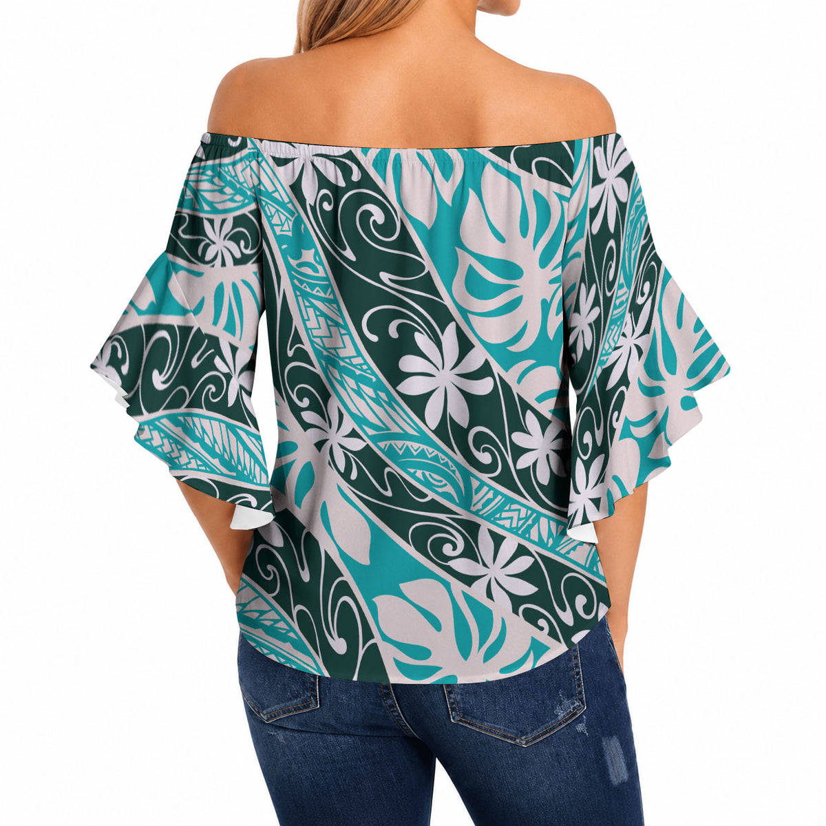 Cyan Tahiti Tiare Monstera Off Shoulder Wrap Waist Top Polynesian Pattern Curve Style LT01 - Polynesian Pride