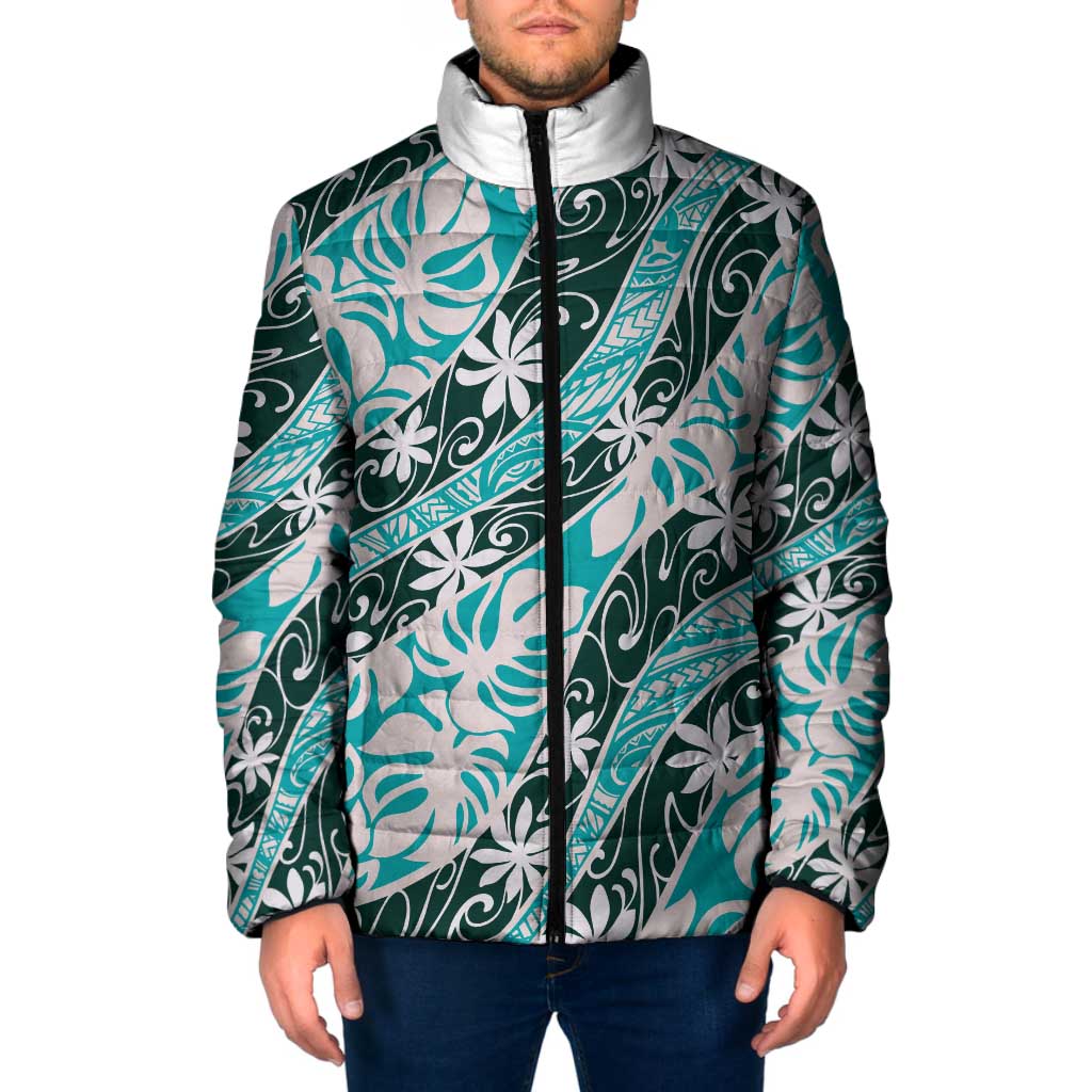 Cyan Tahiti Tiare Monstera Padded Jacket Polynesian Pattern Curve Style LT01 Men Cyan - Polynesian Pride