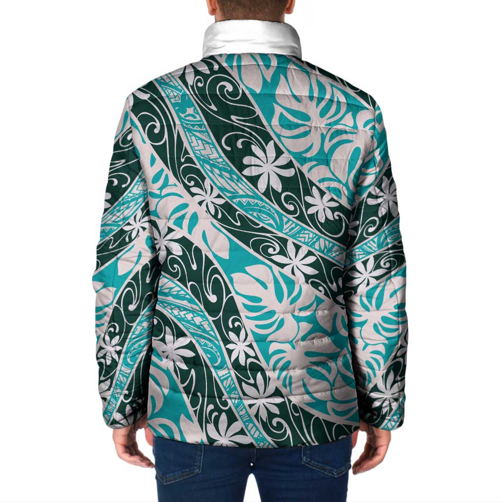 Cyan Tahiti Tiare Monstera Padded Jacket Polynesian Pattern Curve Style LT01 - Polynesian Pride